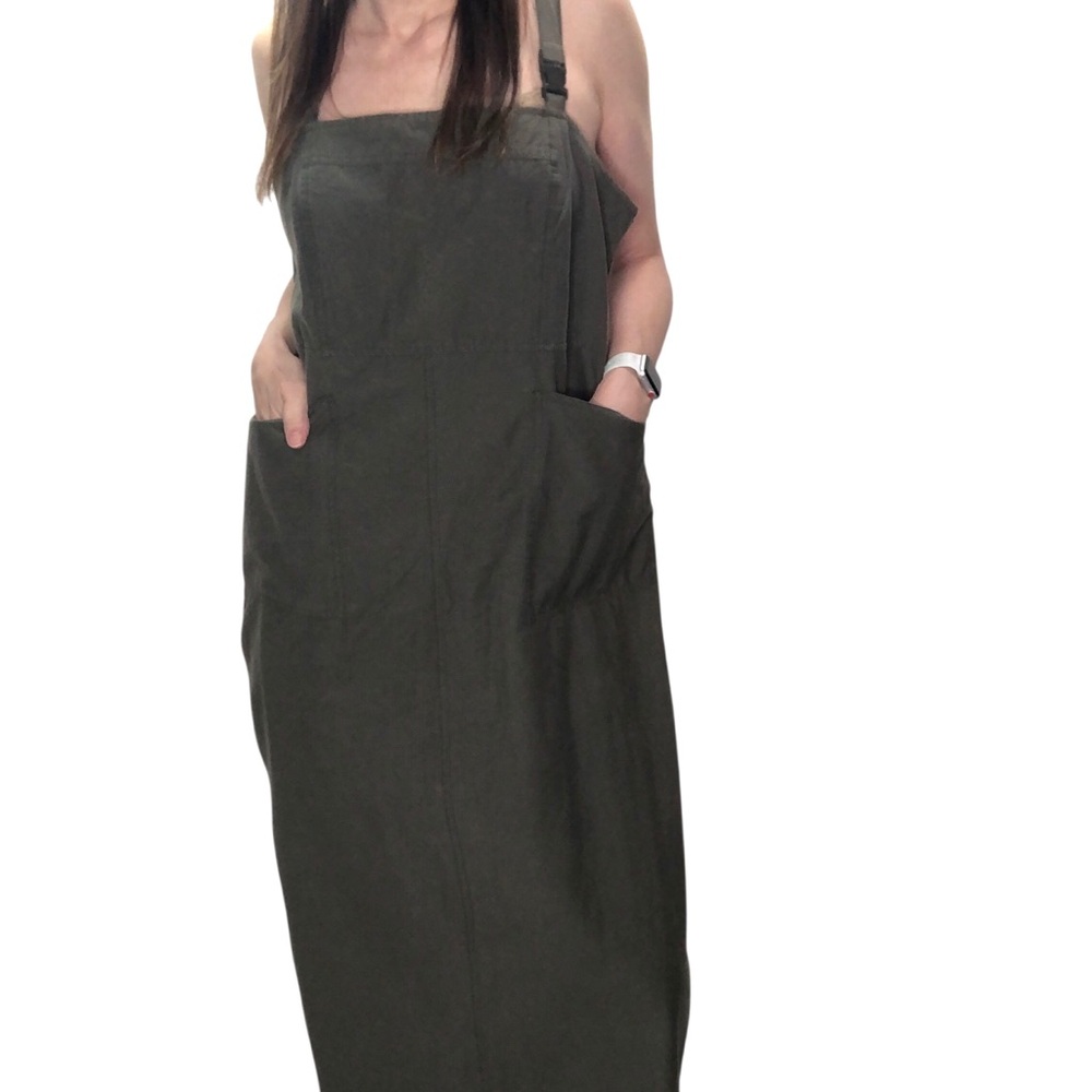 Vtg Deadstock Bib Overall Dress Sz L Olive Green Utility Pockets Cotton Nylon